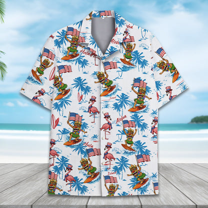 Close up front view showcasing the surfing tiki and flamingo design