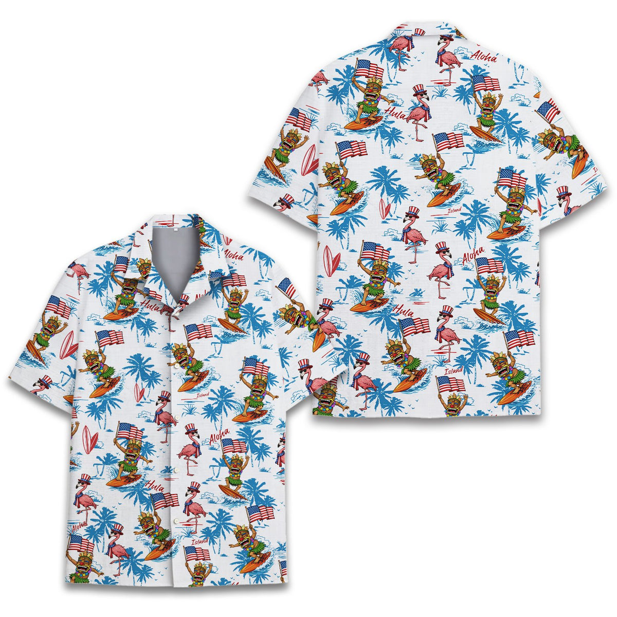 Fourth of july tiki and flamingo hawaiian shirt featuring a white background with blue and red accents, main view