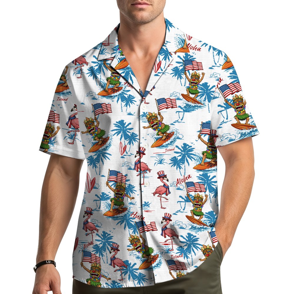 Lifestyle shot displaying the matching family hawaiian shirt worn outdoors