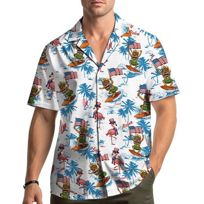 Lifestyle shot displaying the matching family hawaiian shirt worn outdoors