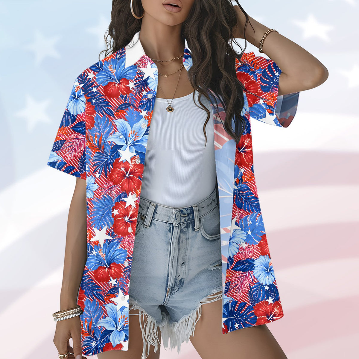 Close up of fourth of july tropical hawaiian shirt print