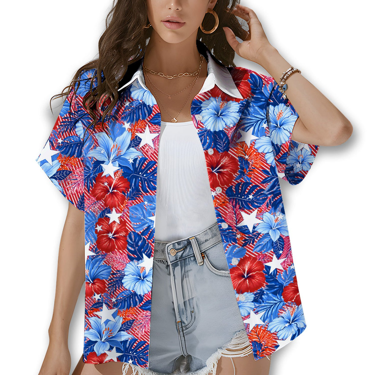 Front view of matching family outfits in red white and blue hawaiian print