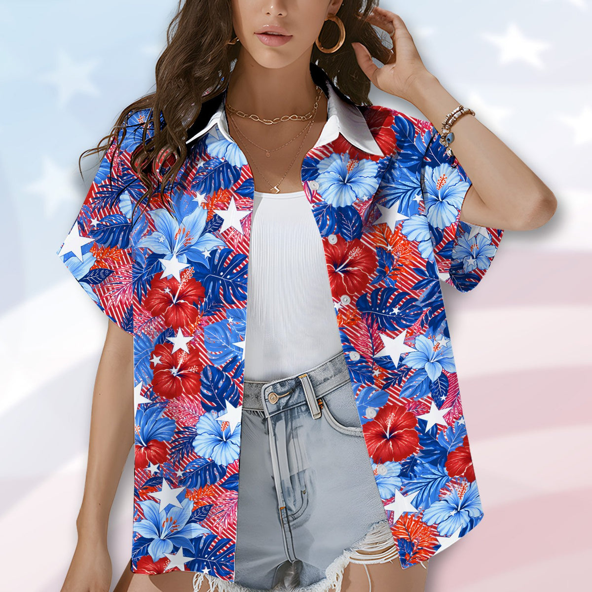 Front view of fourth of july tropical hawaiian shirt