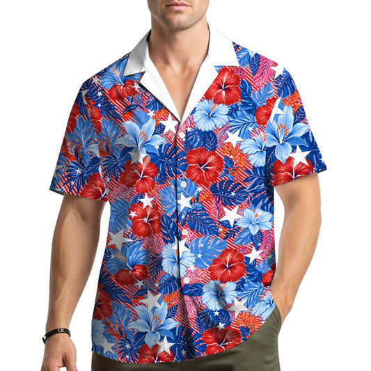 Matching family fourth of july tropical hawaiian shirt with red and blue hibiscus design