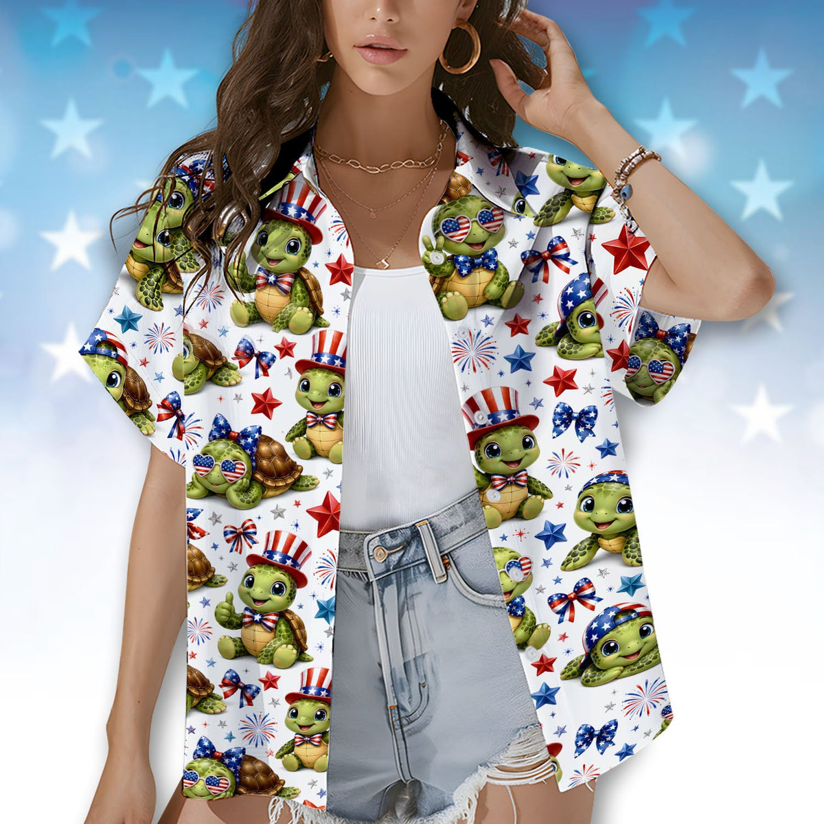 Front view of the fourth of july turtles hawaiian shirt matching family outfit