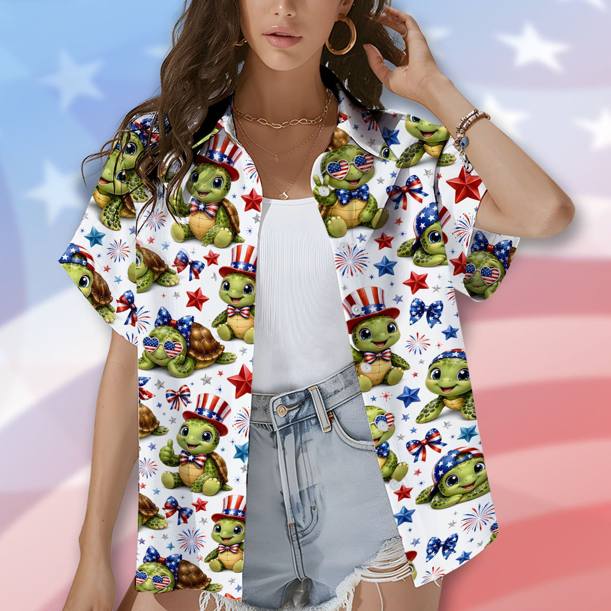 Close up front view of the patriotic turtle pattern on the white hawaiian shirt
