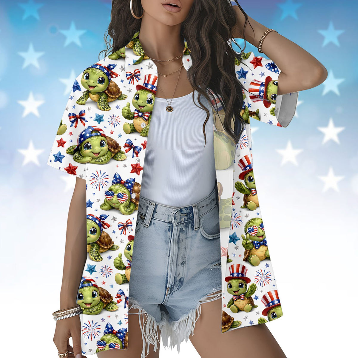 Front view of the matching family hawaiian shirts fourth of july style