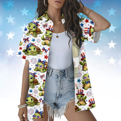 Front view of the matching family hawaiian shirts fourth of july style