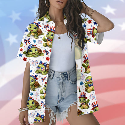 Front view showcasing the red and blue stars and fireworks pattern on the hawaiian shirt