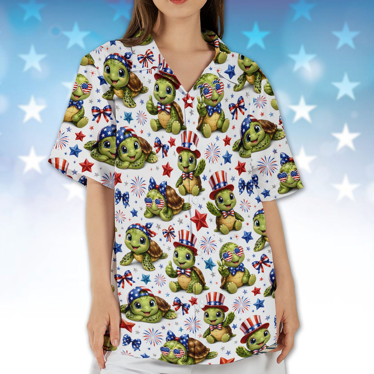 Front view of the fourth of july turtles hawaiian shirt in white