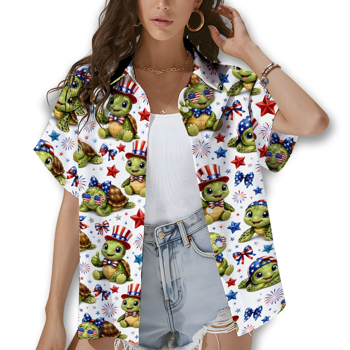 Matching family fourth of july turtles hawaiian shirt featuring cute turtles and patriotic stars on a white background