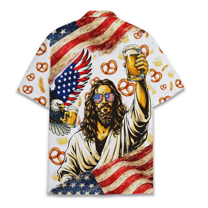 Detailed back view of the eagle and beer hawaiian shirt