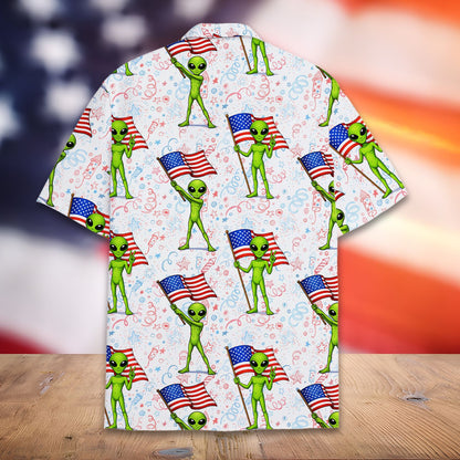 Fourth of July hawaiian shirt with green aliens and flags, alternate back view