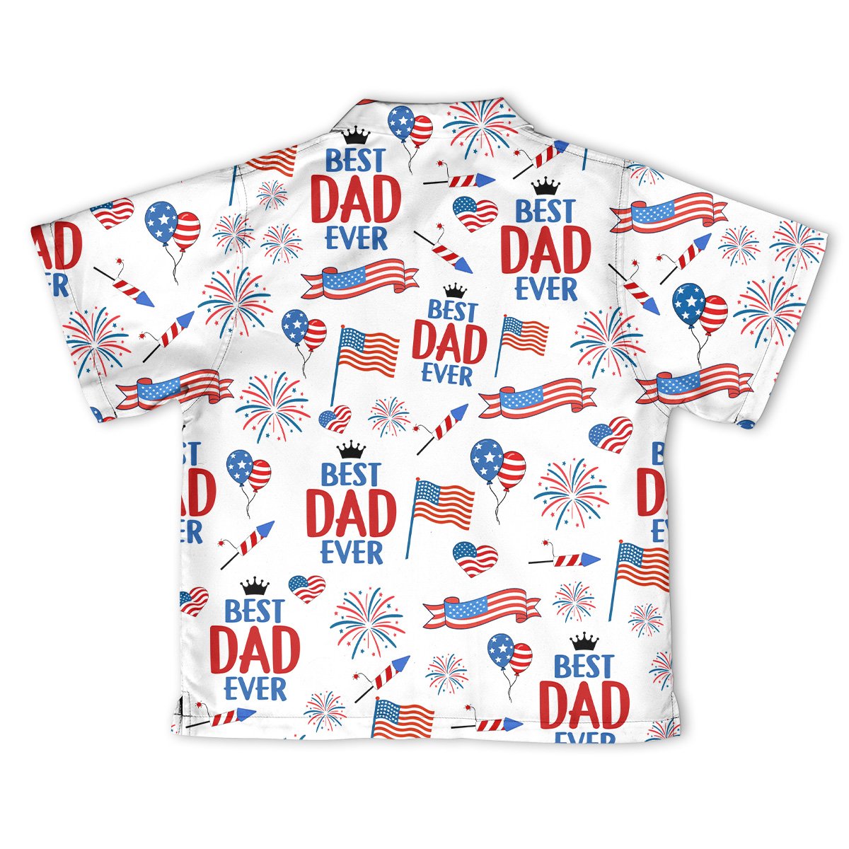 Detailed back view of the Best Dad Ever fireworks Hawaiian shirt