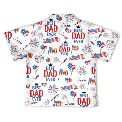 Detailed back view of the Best Dad Ever fireworks Hawaiian shirt