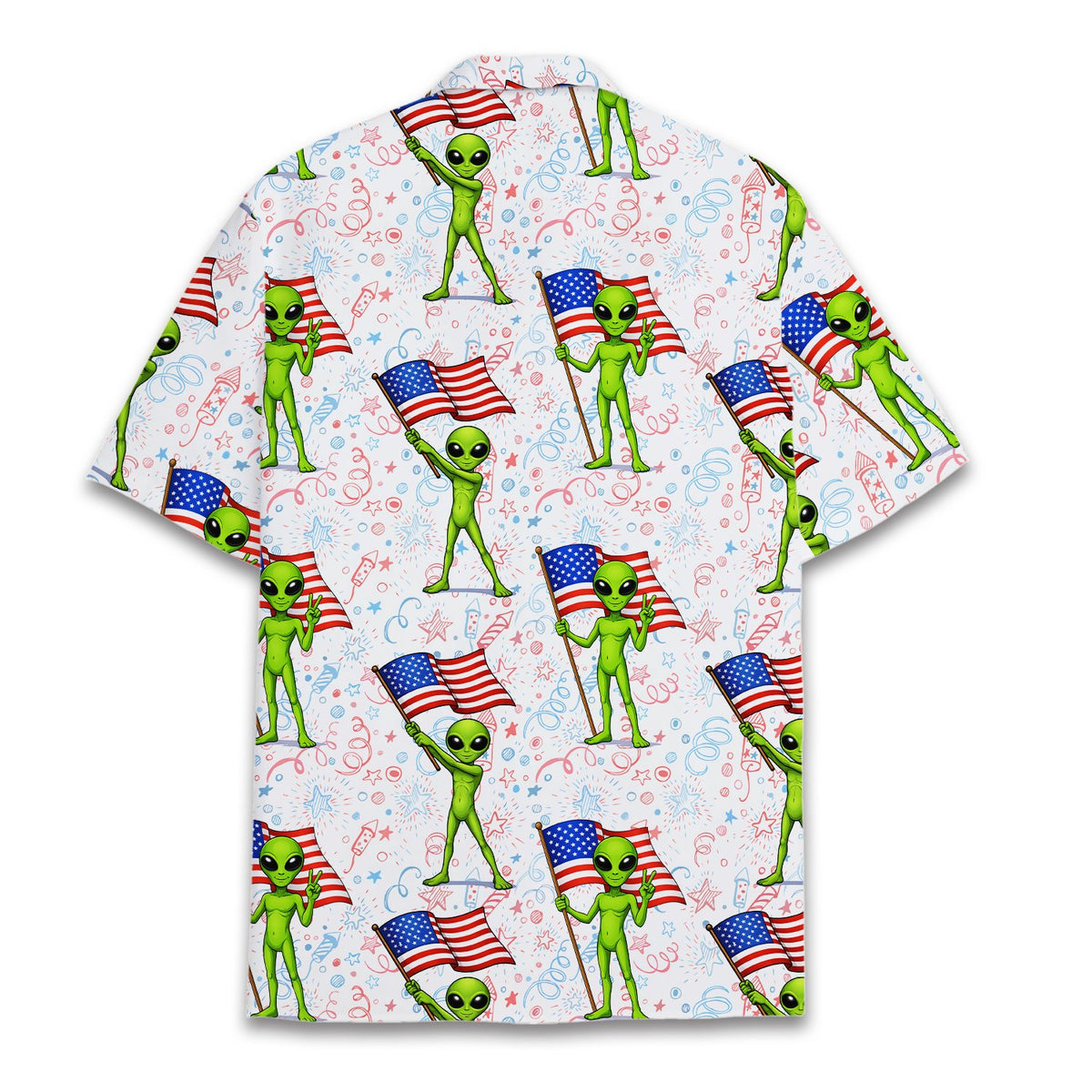 Fourth of July hawaiian shirt with green aliens and flags, back view