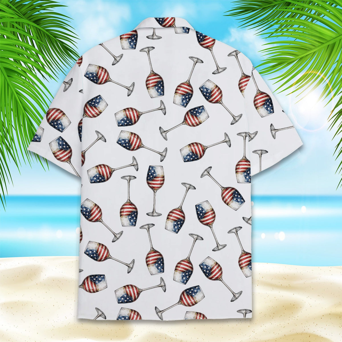 Back view of the fourth of july hawaiian shirt showing the repeating patriotic wine glass pattern