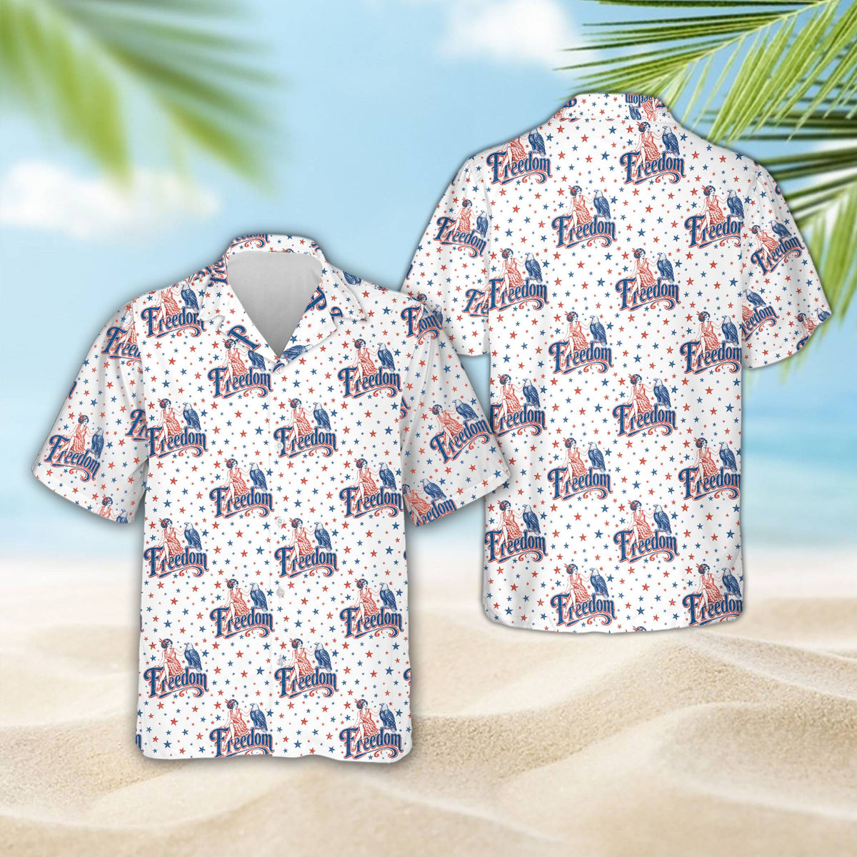 White fourth hawaiian shirt with retro freedom eagle design, main family view