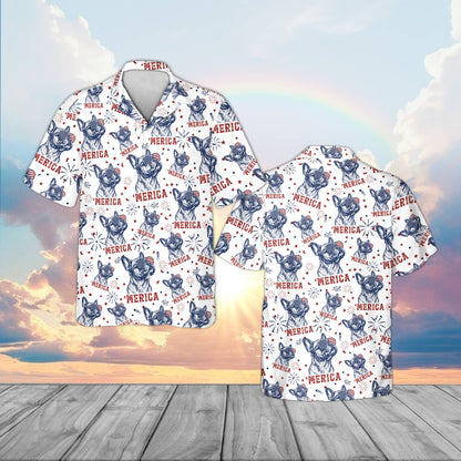 Main view of the july hawaiian shirt featuring patriotic dogs in sunglasses and fireworks on a white background