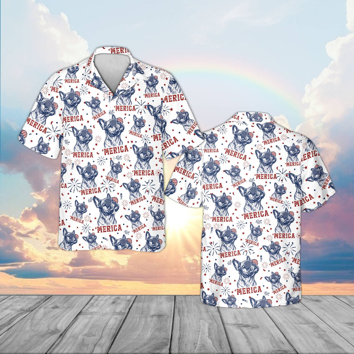 Front view of the matching family hawaiian shirt with fourth of july dog design