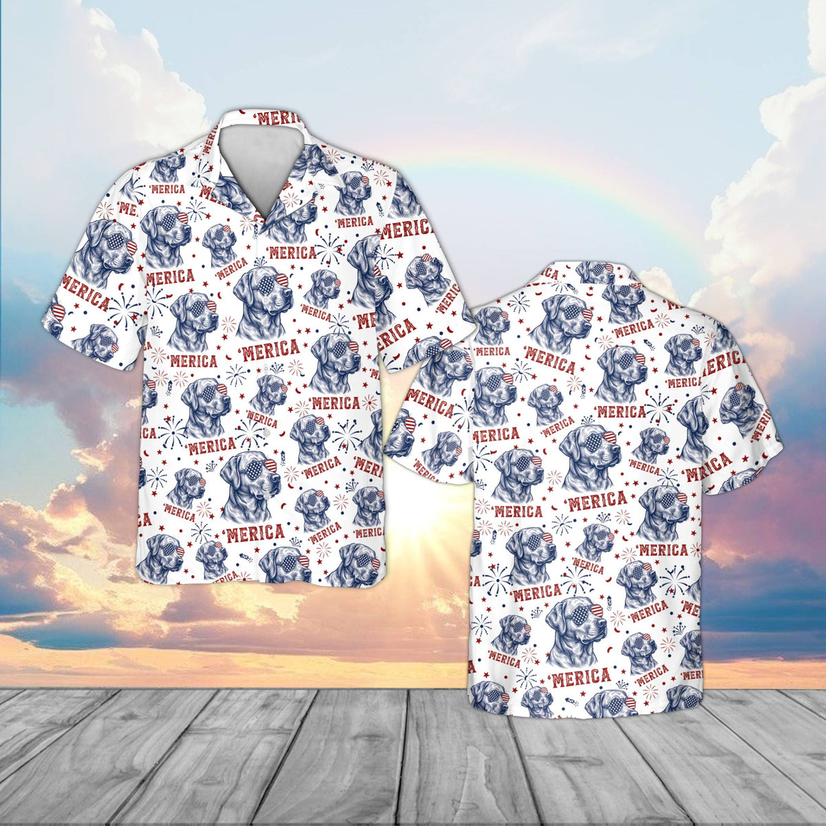 Close up front view showing details of the dogs wearing American flag sunglasses on the hawaiian shirt