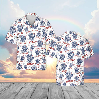 Close up front view showing details of the dogs wearing American flag sunglasses on the hawaiian shirt