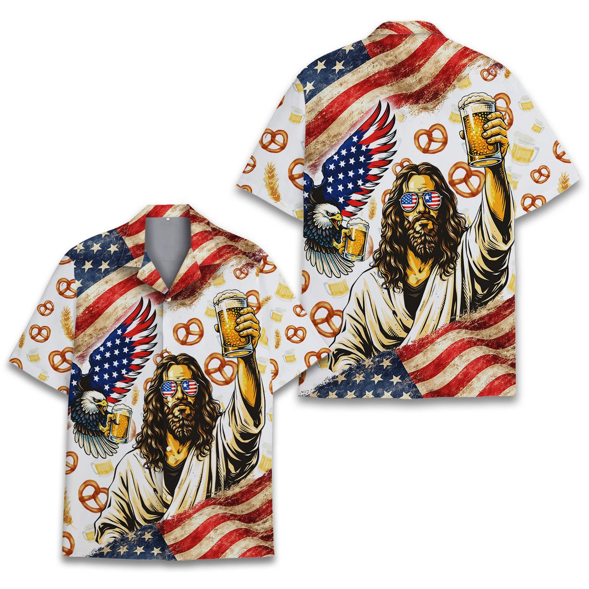 Detailed front view of the holiday hawaiian shirt with flag motif