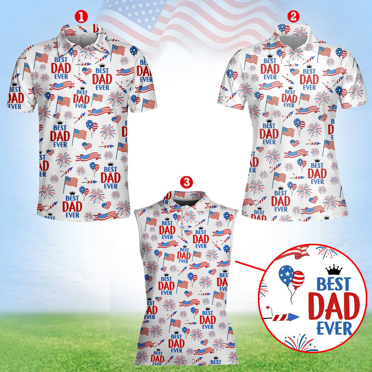 Detailed front view of the Best Dad Ever Fourth of July Hawaiian shirt