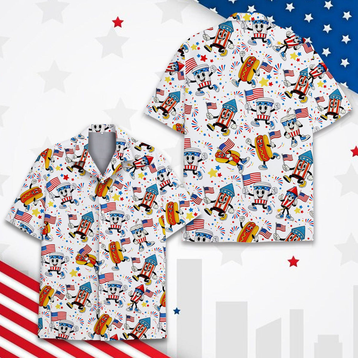 Close up front view of white fourth of july hawaiian shirt
