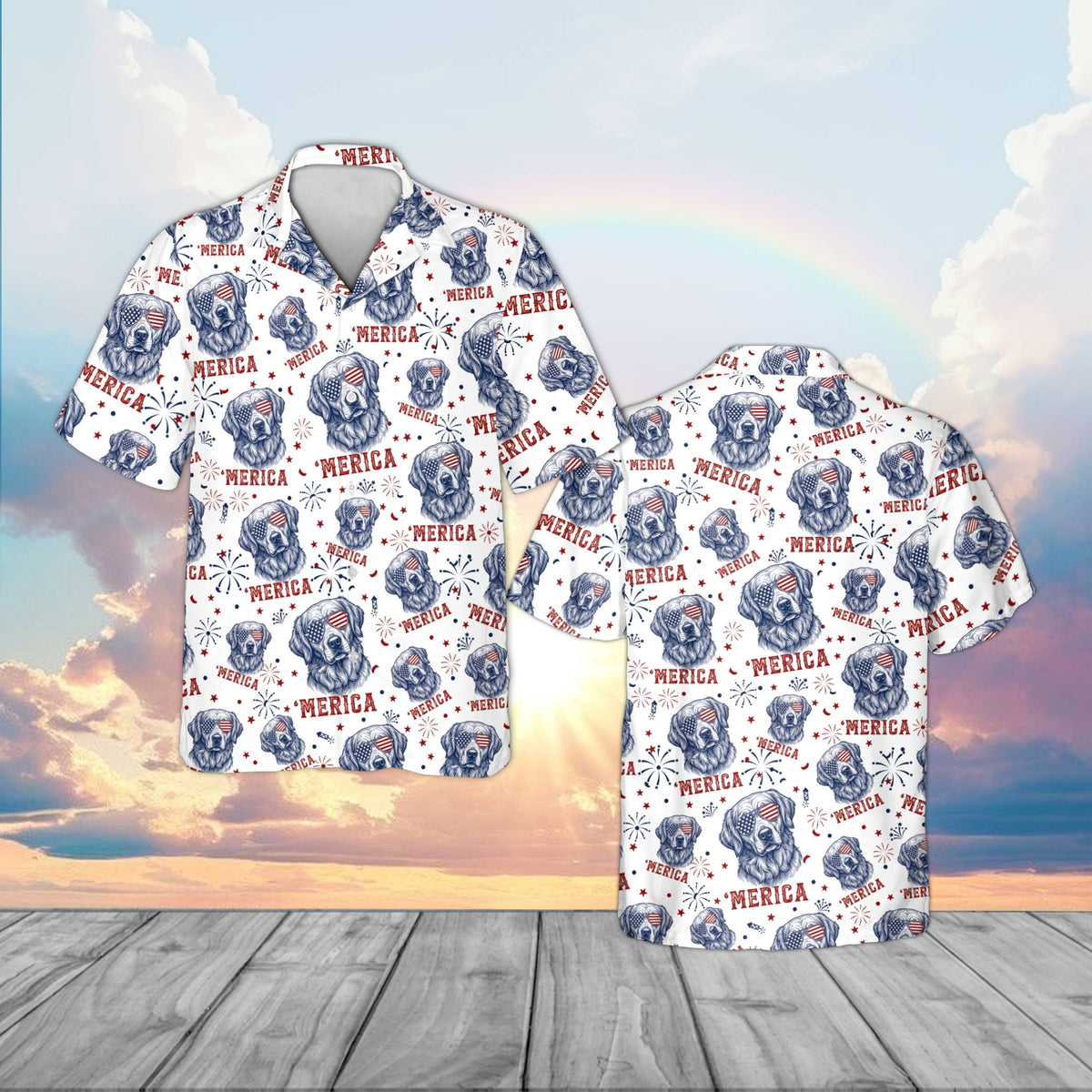 Another front view of the white fourth of july hawaiian shirt for families