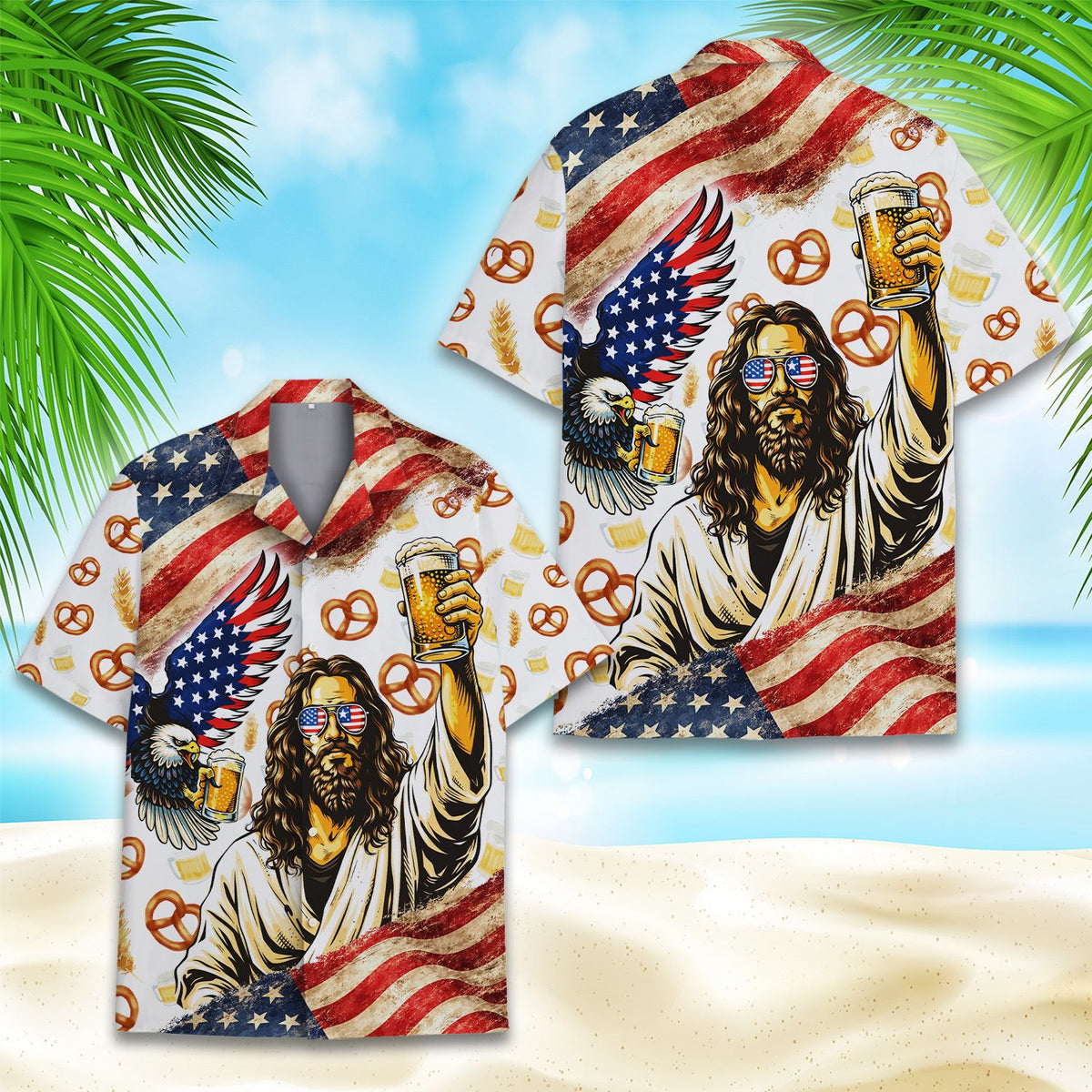 Close up front view of the fourth of july hawaiian shirt style