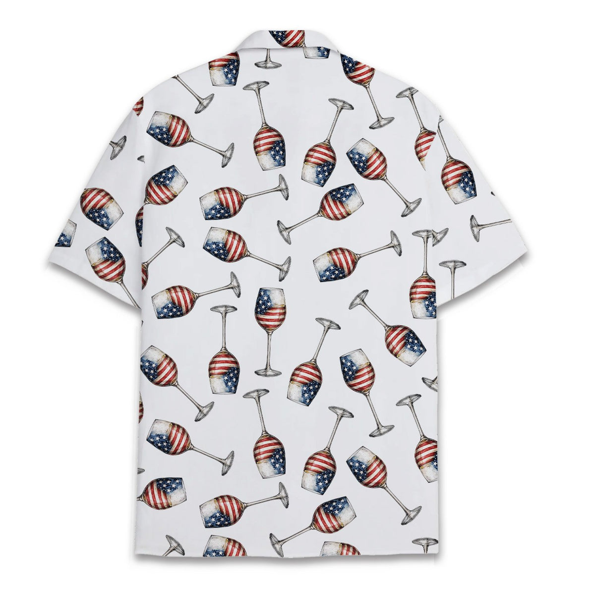 Close-up front view of the short-sleeve button-up fourth of july hawaiian shirt