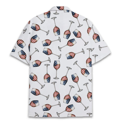 Close-up front view of the short-sleeve button-up fourth of july hawaiian shirt