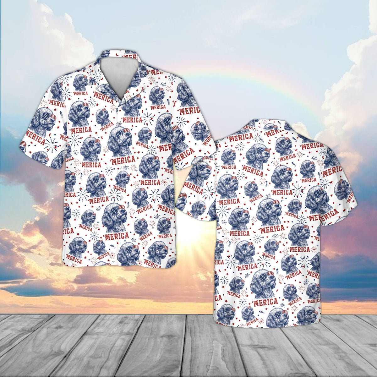 Detailed front view highlighting the MERICA text and firework graphics on the shirt
