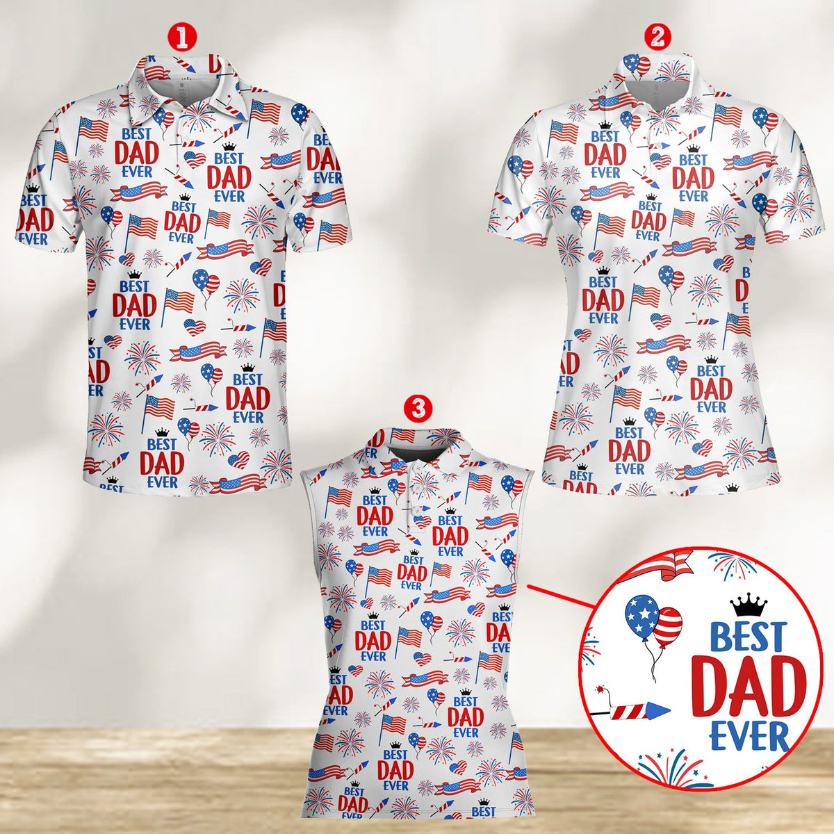 Another front view of the festive red, white, and blue holiday Hawaiian shirt