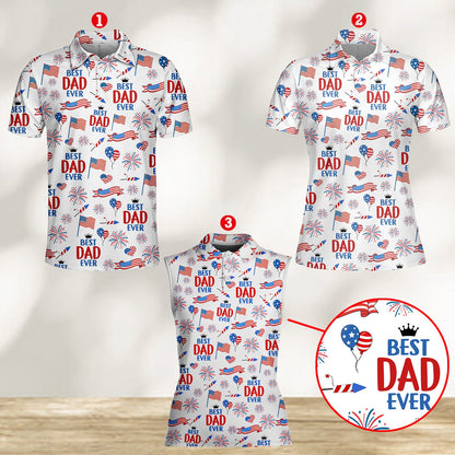 Another front view of the festive red, white, and blue holiday Hawaiian shirt