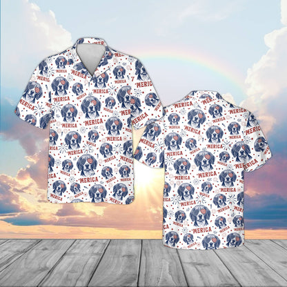 Front angle of the holiday hawaiian shirt with patriotic dog illustrations