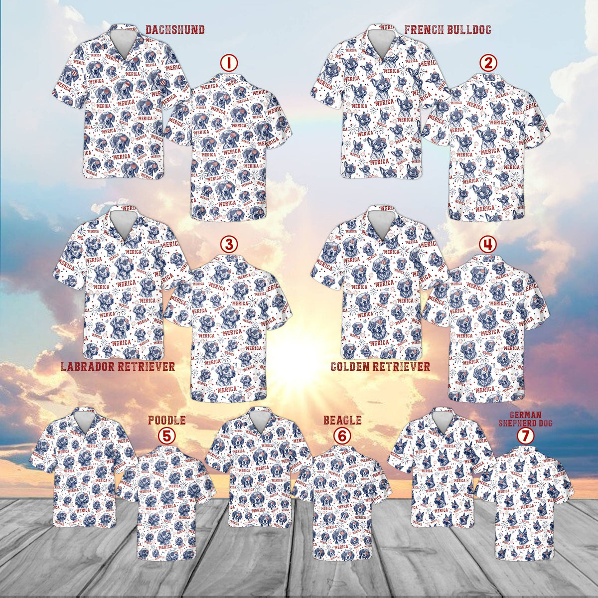 Final front view displaying the all-over festive dog print on the white hawaiian shirt
