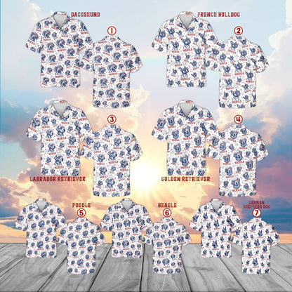 Final front view displaying the all-over festive dog print on the white hawaiian shirt