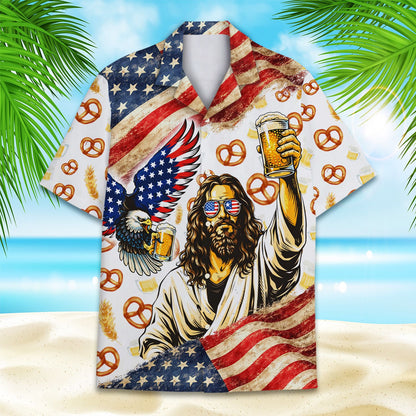 Main view of the fourth of july hawaiian shirt featuring eagle and beer design