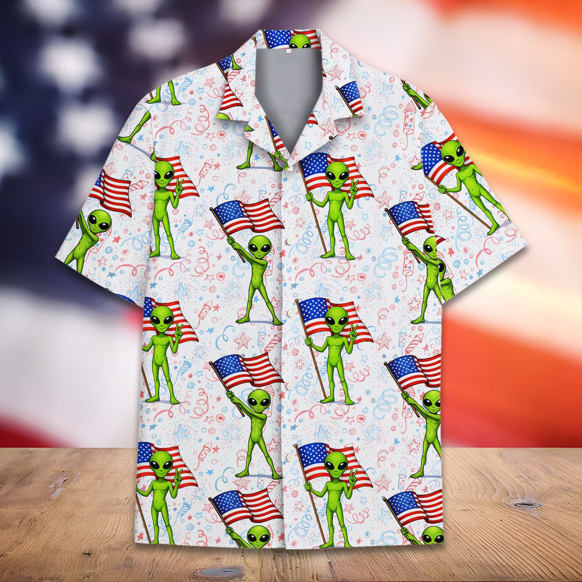 Fourth of July hawaiian shirt with green aliens and flags, alternate main view