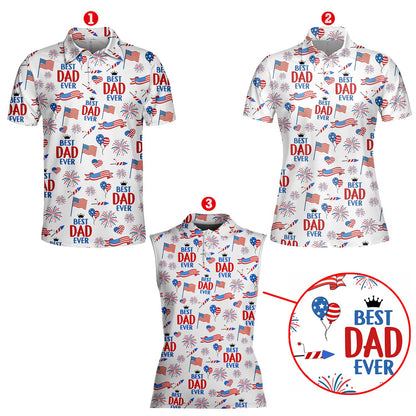 White fourth hawaiian shirt featuring red and blue fireworks, flags, and Best Dad Ever text, main view