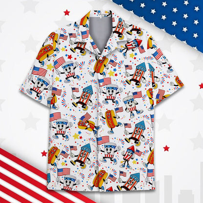Front view of matching family hawaiian shirt featuring patriotic holiday design