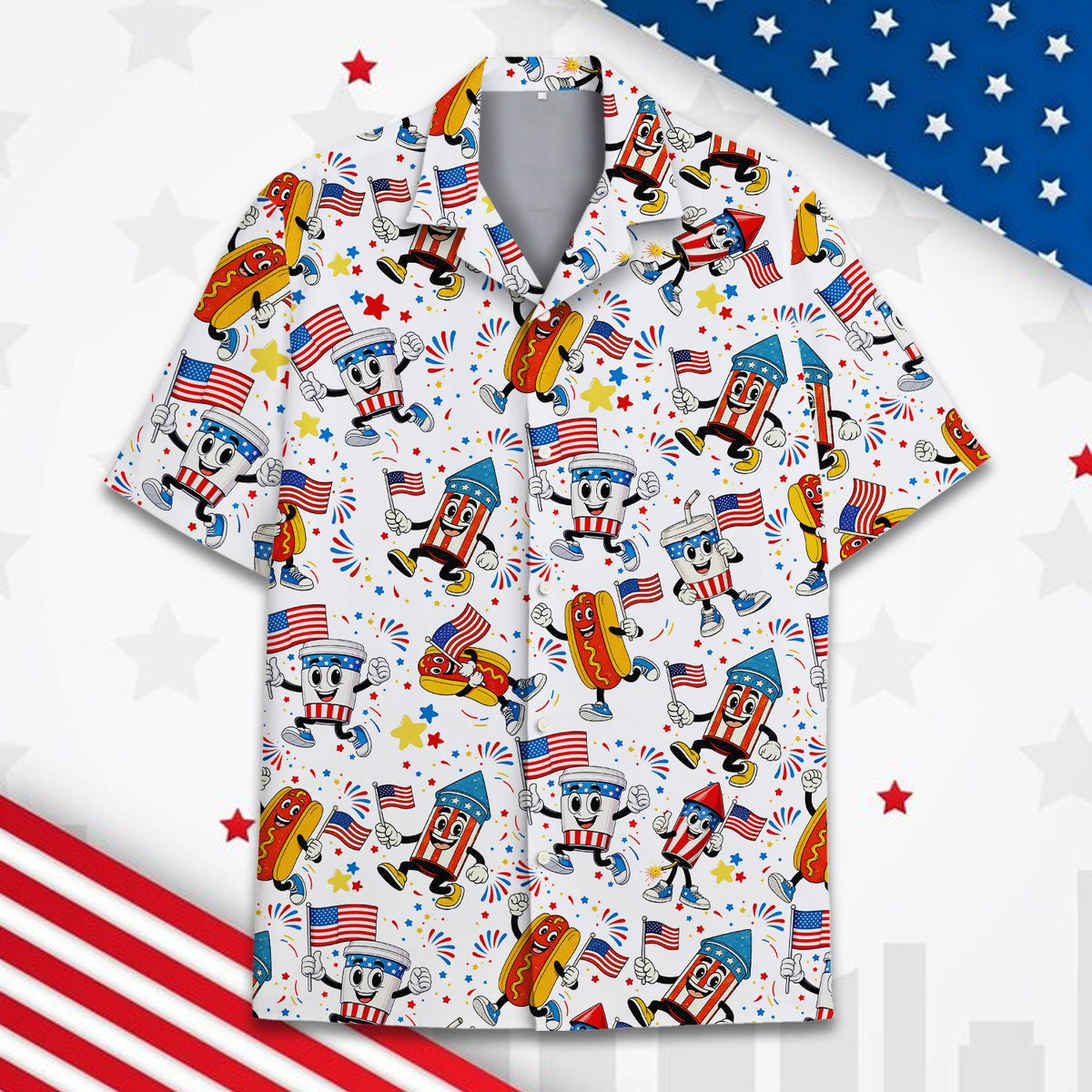 White fourth of july hawaiian shirt with cartoon hot dog and firework characters, front view