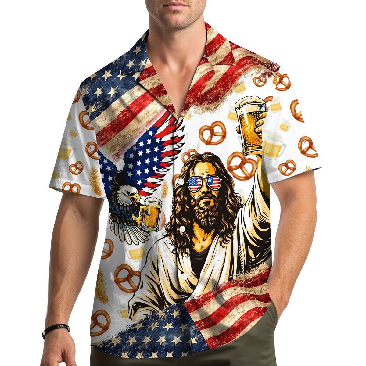 Lifestyle view of the fourth of july hawaiian shirt being worn