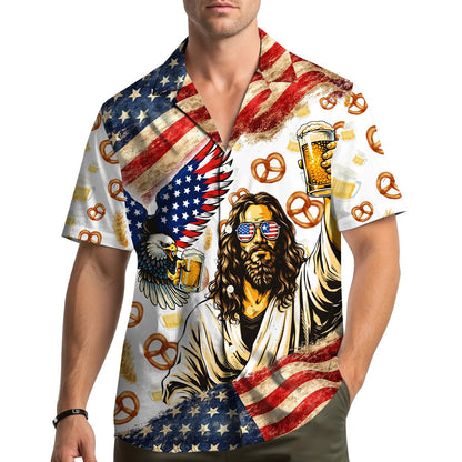 Lifestyle view of the fourth of july hawaiian shirt being worn