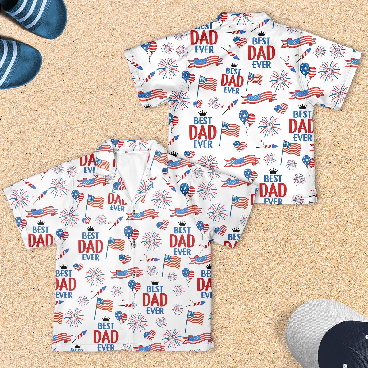 Lifestyle view of a family enjoying an outdoor event in matching family hawaiian shirts