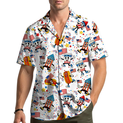Lifestyle view of someone wearing the fourth of july hawaiian shirt
