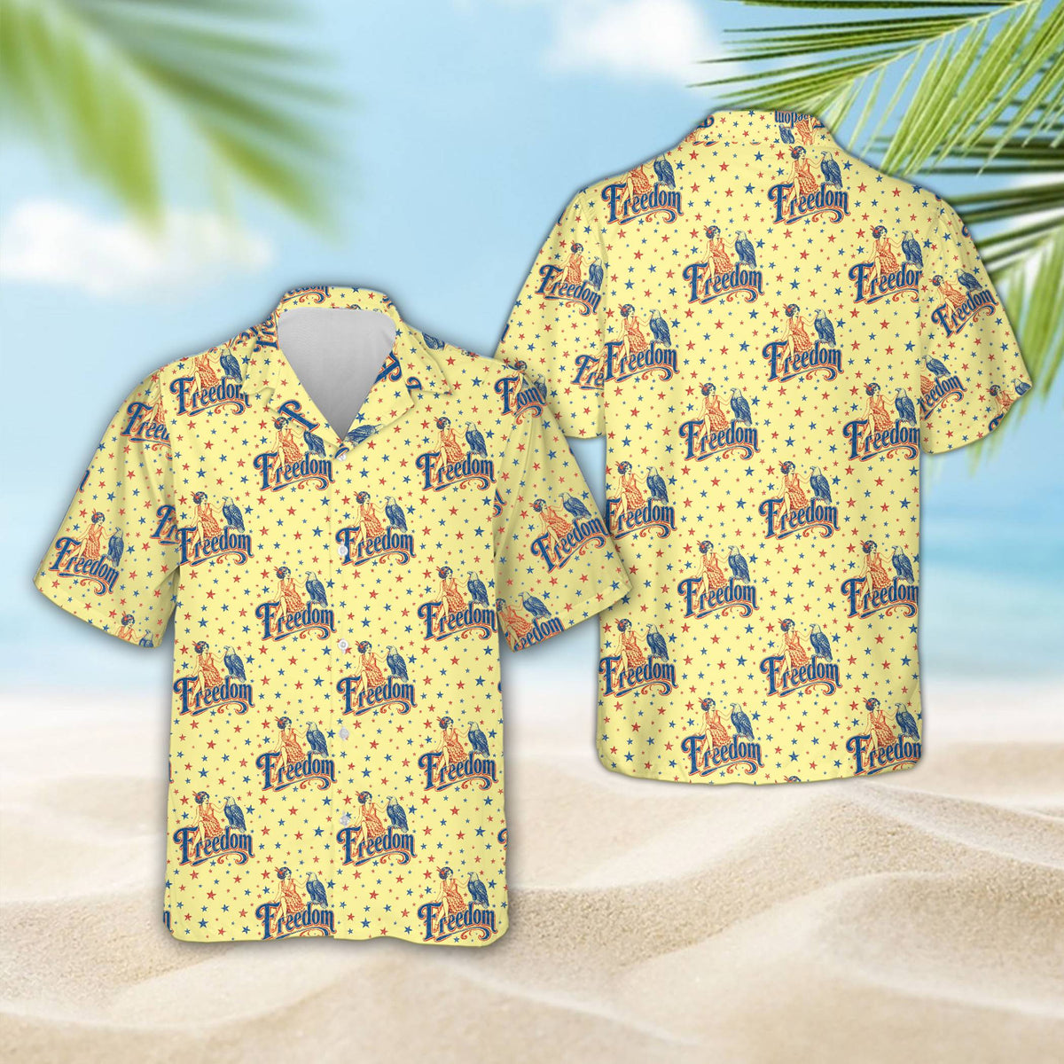 Yellow fourth of july hawaiian shirt, front view