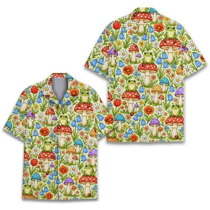 Light green freedom shirt featuring a pattern of frogs and mushrooms, front view